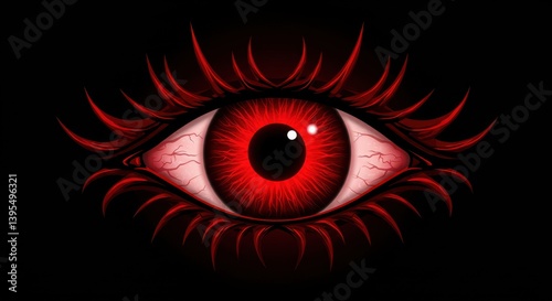 Striking red eye with intricate lashes against a dark background, symbolizing intensity