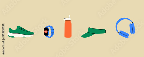 Running essentials set. Sneakers, smartwatch, water bottle, visor, and headphones. Fitness accessories illustration
