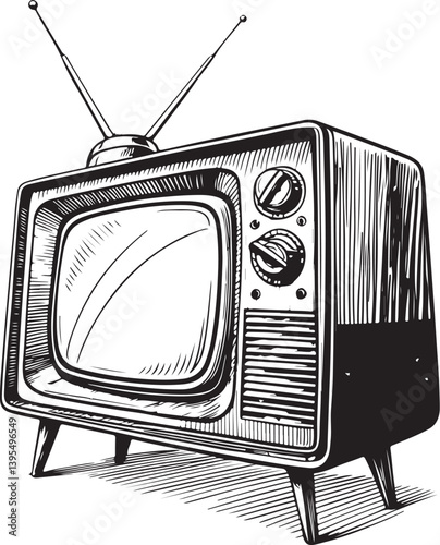 TV or TV-set, Black and White Vector Illustration, Sketch Drawing Line Linear Symbol Icon Engraving, Hand-drawn Isolated