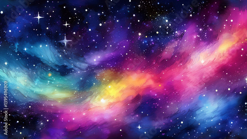 Colorful space illustration with watercolor. Fantastic space background with stars. Abstract neon fractal wallpaper with space.