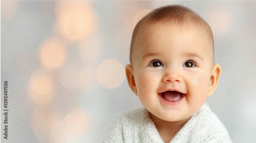 A joyful baby with a wide and happy smile, illuminated by soft background lights and joy. A joyful baby with a wide and happy smile, illuminated by soft background lights and joy.