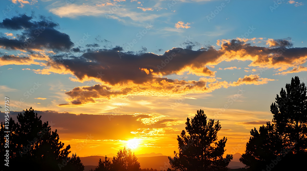 Obraz premium Golden Sunset Over Silhouetted Pine Trees