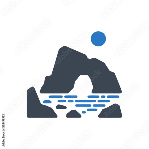Landscape with sun and rocks icon