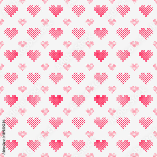 Vector cross-stitch heart embroidery seamless pattern. Vector cross-stitch embroidery seamless. Hearts cross-stitch design elements. Valentine s or Christmas theme.