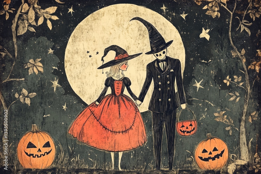 A hand drawn 1920s style postcard of a couple in vintage Halloween costumes under a harvest moon