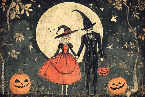 Obraz na płótnie A hand drawn 1920s style postcard of a couple in vintage Halloween costumes under a harvest moon w salonie