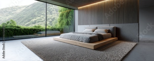 Modern bedroom design showcasing stunning window views; a large, neutral area rug grounds the space with understated elegance - window leisure peaceful