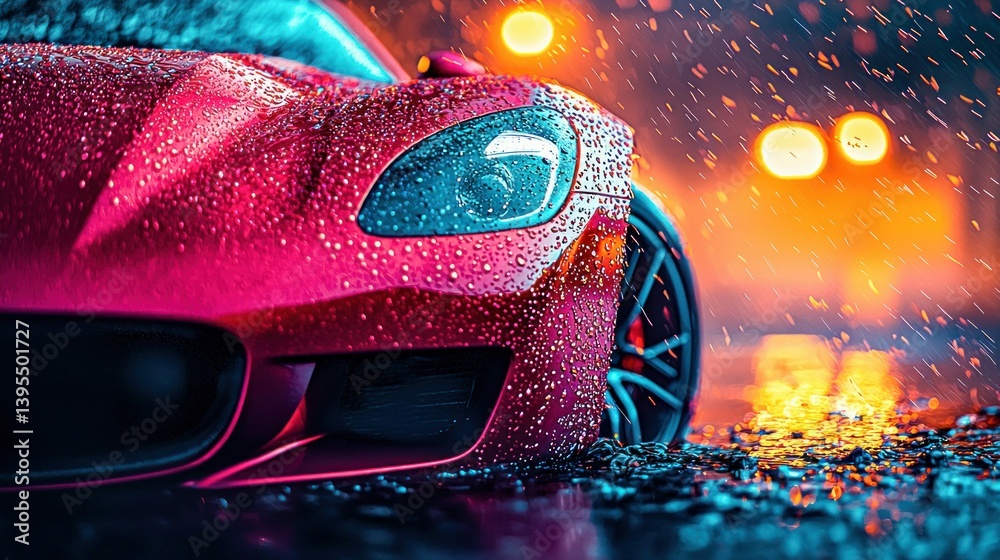 A vibrant red sports car parked on a wet street reflects city lights in the rain at night.