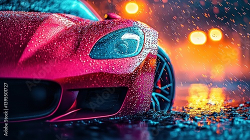 Obraz na płótnie A vibrant red sports car parked on a wet street reflects city lights in the rain at night. w salonie