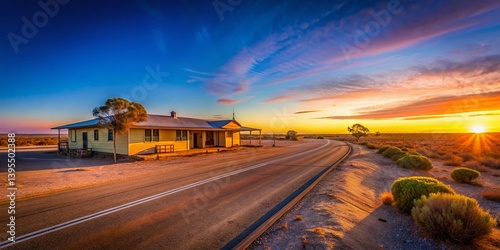 Nullarbor Plain Dawn: Cocklebiddy Roadhouse Panoramic, Eyre Highway, Western Australia