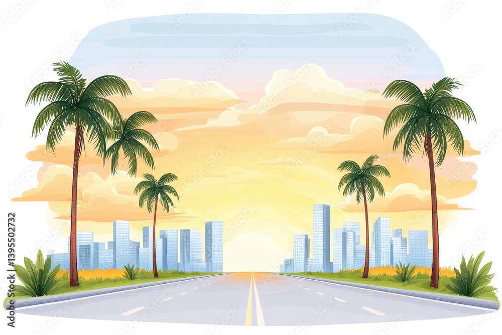 serene urban sunset scene with palm trees lining road, creating tranquil atmosphere serene urban sunset scene with palm trees lining road, creating tranquil atmosphere