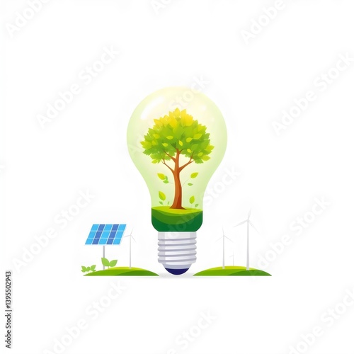 Eco-friendly Powering: A bright light bulb transformed into a flourishing natural world, showcasing the harmonious blend of renewable energy sources, tree, and green land.