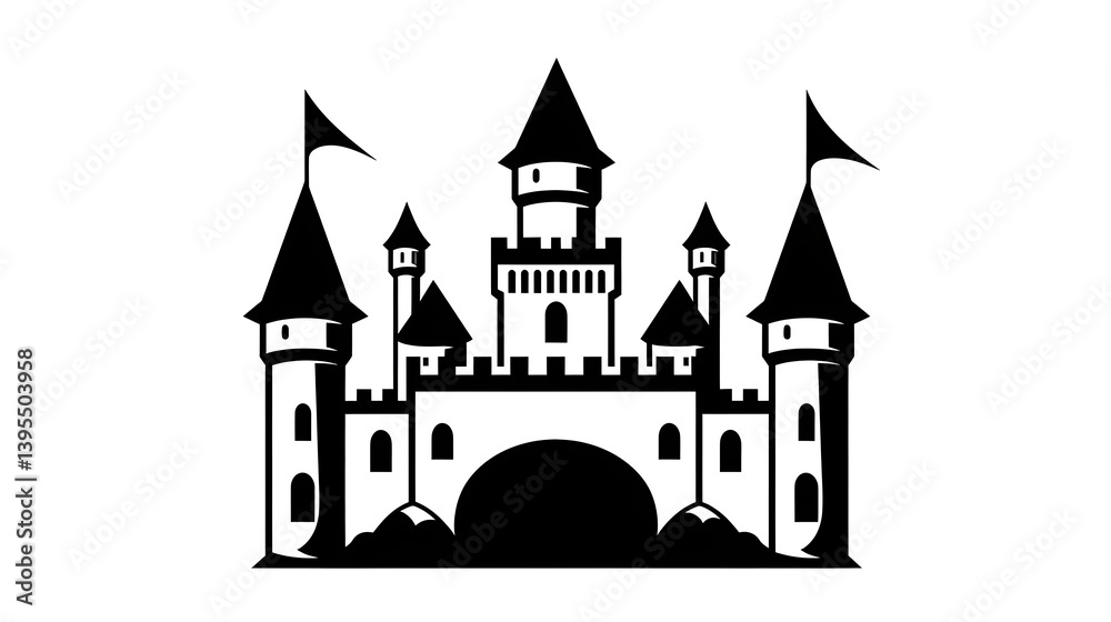 Fototapeta premium Castle Entrance with Flags (Outlined Style) 