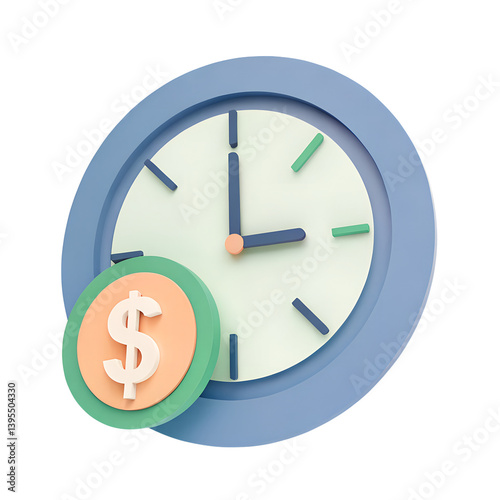 3D icon, A modern, minimalistic icon of a clock with a dollar sign in place of the hour hand, symbolizing time management and financial efficiency in business
