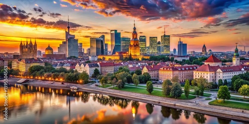 Panoramic View of Warsaw, Poland Skyline at Sunset