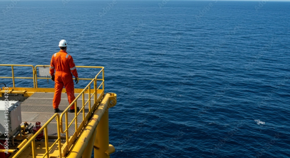 Fototapeta premium Offshore worker on platform overlooking ocean