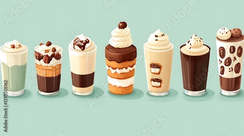 A variety of delicious layered coffee drinks, topped with whipped cream and various sweet treats. photo