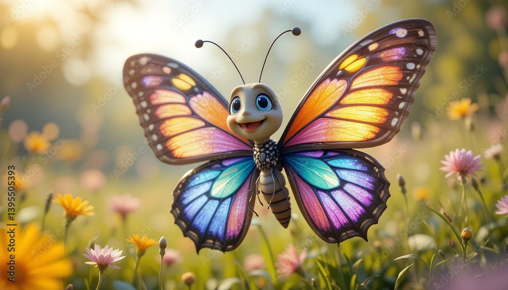 Obraz premium Cartoon Butterfly Flying in a Field of Flowers with Sunlight