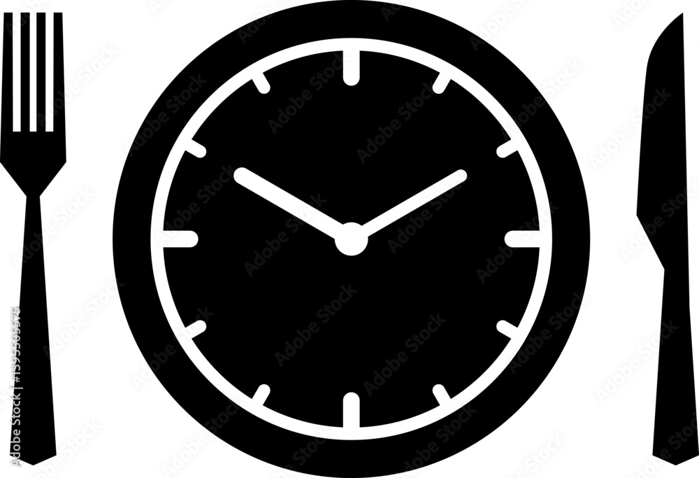 Meal Time Line and Silhouette Icon Set. Dining plate With Clock, Knife And Fork, Restaurant, Culinary, Dining. Time to Eat Concept. Cutlery icon. Spoon, forks, knife. Isolated Vector Illustration Meal Time Line and Silhouette Icon Set. Dining plate With Clock, Knife And Fork, Restaurant, Culinary, Dining. Time to Eat Concept. Cutlery icon. Spoon, forks, knife. Isolated Vector Illustration