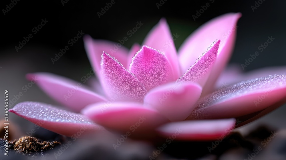 Close-up of a delicate pink succulent. Soft, vibrant petals create a serene bloom. Dewy texture adds to the beauty Close-up of a delicate pink succulent. Soft, vibrant petals create a serene bloom. Dewy texture adds to the beauty