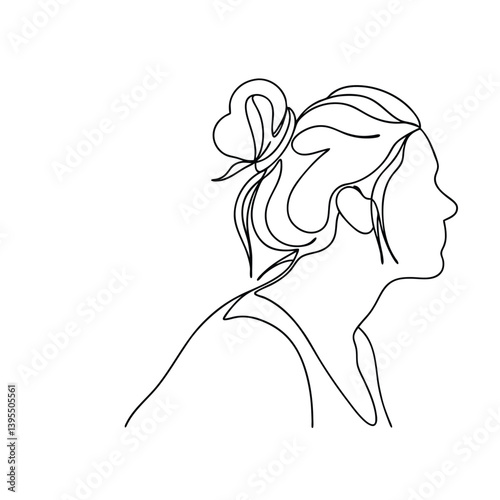 Minimalist Woman Portrait In One Line Style With Hair Bun Vector Art