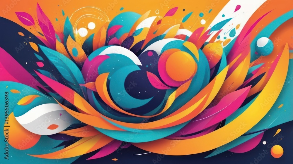 Vibrant abstract design with swirling, dynamic shapes and colors. Expressive forms and playful elements create a visually exciting composition Vibrant abstract design with swirling, dynamic shapes and colors. Expressive forms and playful elements create a visually exciting composition