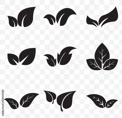 Nine stylized black and white plant icons on a Transparent background. EPS 10.