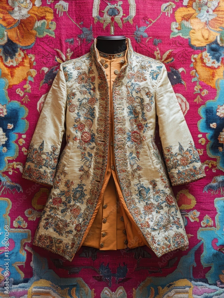 An elegant embroidered coat displayed on a patterned colorful rug An elegant embroidered coat displayed on a patterned colorful rug