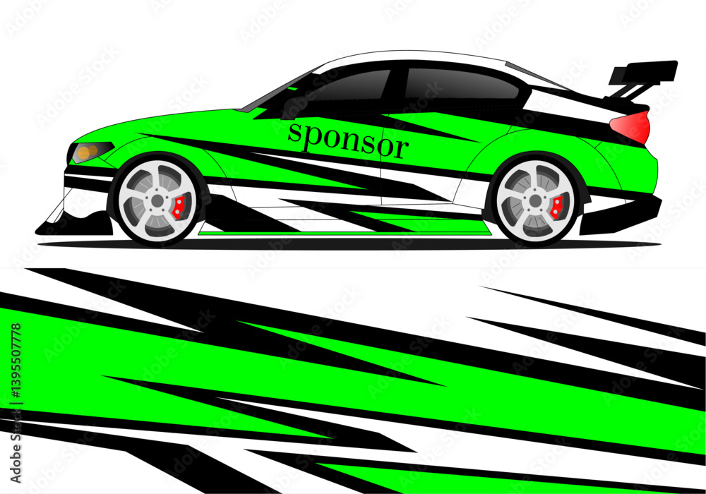 Stylized green racing car with dynamic graphics and sponsor text, showcasing speed and energy