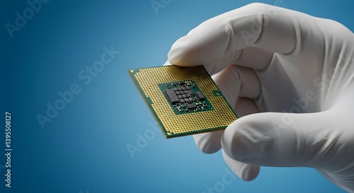 Holding Computer Chip in Glove Hand Against Blue Background for Inspection