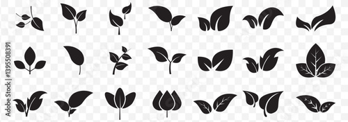 21 (Twenty One) stylized black and white plant icons on a Transparent background. EPS 10.