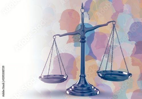 Justice equality balance concept with scales of justice and diverse people silhouettes background