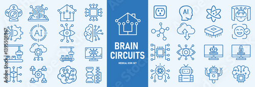 Machine learning outline icons set vector illustrator. AI, data analysis, algorithms, data, automation, learning, science, networks and more.