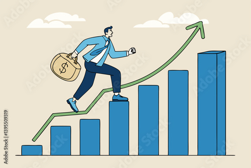 Businessman Running Up Bar Chart With Money Bag Achieving Financial Growth And Success In Investment And Business Development Strategy