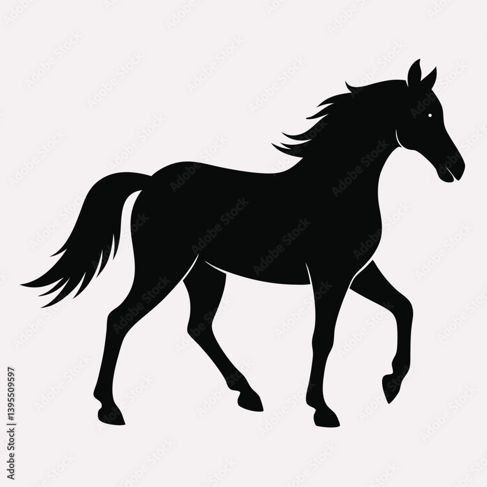 Obraz premium silhouette of a horse walking gracefully, elegant form and flowing mane and tail on white background