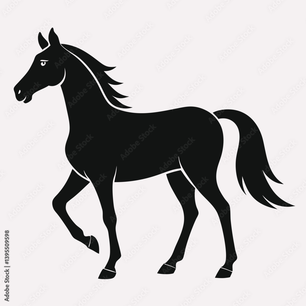 Obraz premium silhouette of a horse walking gracefully, elegant form and flowing mane and tail on white background