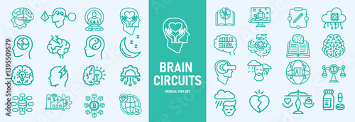 Machine learning outline icons set vector illustrator. AI, data analysis, algorithms, data, automation, learning, science, networks and more.
