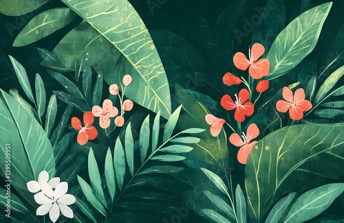 Illustration of tropical foliage with flowers in green orange and white colors.