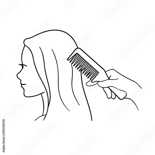 Hand Combing Womans Hair With A Comb Outline Drawing Vector Illustration