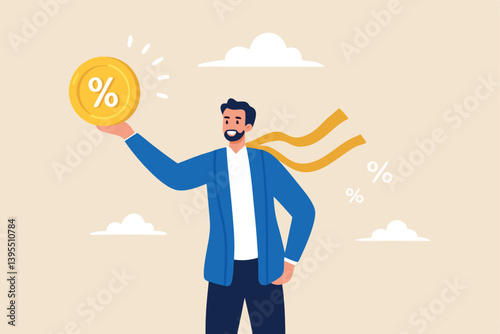 Man Holds Percentage Coin Offering Financial Savings And Business Growth Investment With Promotional Discount Rates And Special Offers Against Sky Backdrop