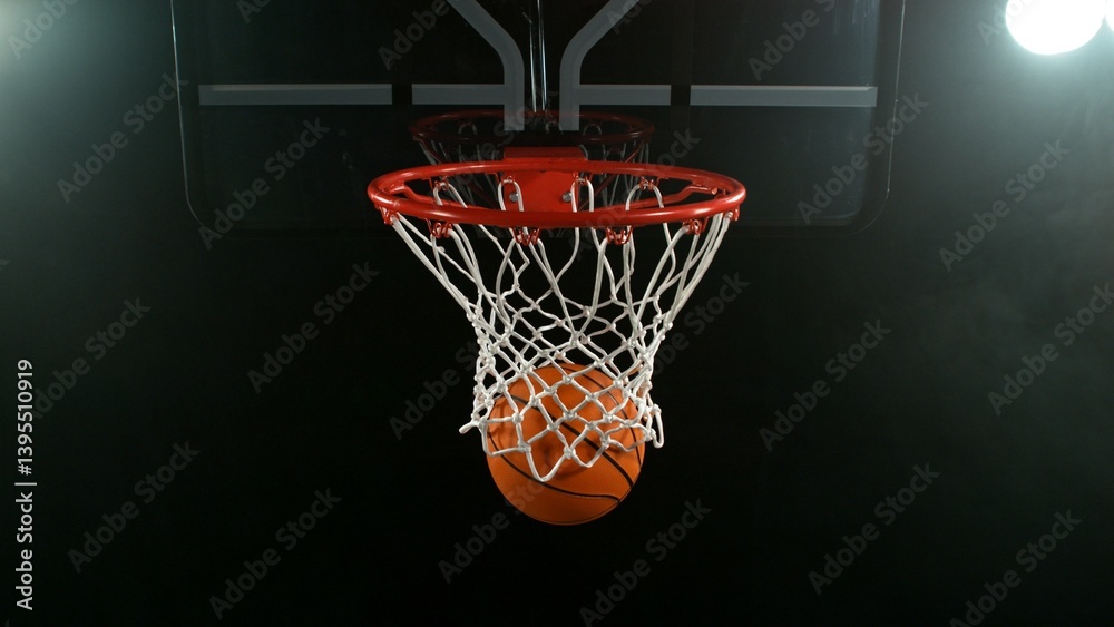 Detail of basketball ball hitting the hoop, top view. Isolated on black background. Detail of basketball ball hitting the hoop, top view. Isolated on black background.