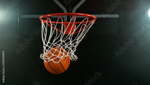 Detail of basketball ball hitting the hoop, top view. Isolated on black background.