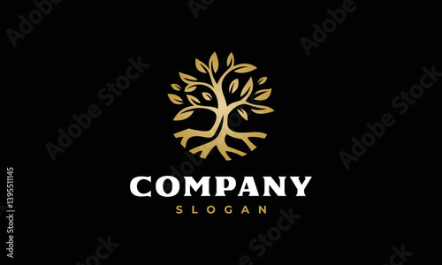 gold tree logo vector icon illustration, oak tree logo template