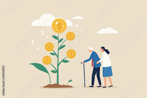 Senior Couple Walking Near Money Plant Representing Financial Growth And Retirement Planning With Caregiver Support In A Simple Flat Illustration
