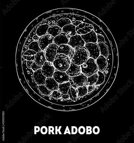 Pork adobo hand-drawn sketch - Traditional Filipino Food - Vector illustration. Top view