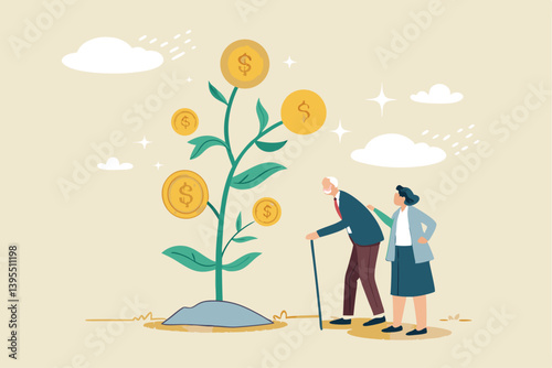 Senior Couple Financial Growth Investment Strategy Retirement Savings Planning Concept Wealth Accumulation With Dollar Coin Tree And Cartoon Style Illustration