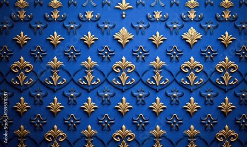 An opulent background featuring a repeated pattern of golden fleur-de-lis on a royal blue surface.