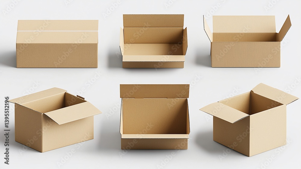 Cardboard boxes, various open and closed positions Cardboard boxes, various open and closed positions