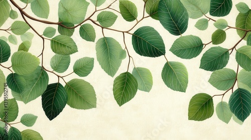 Watercolor Green Leaves on Beige Background