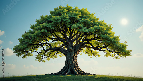 Oak tree with bark made of scrolling computer code, binary leaves